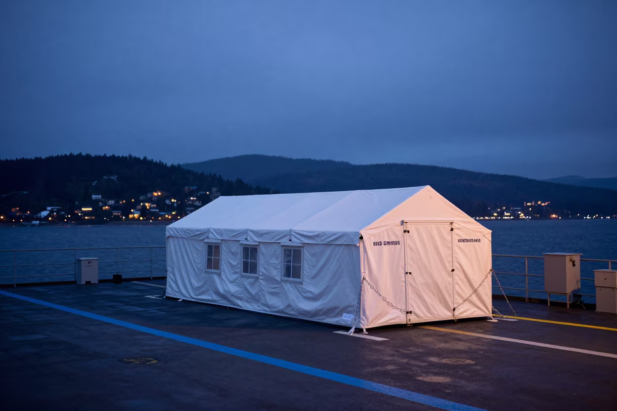 Field Hospital Tent on Naval Deck at Twilight in on a naval deck in rough wind in British Columbia