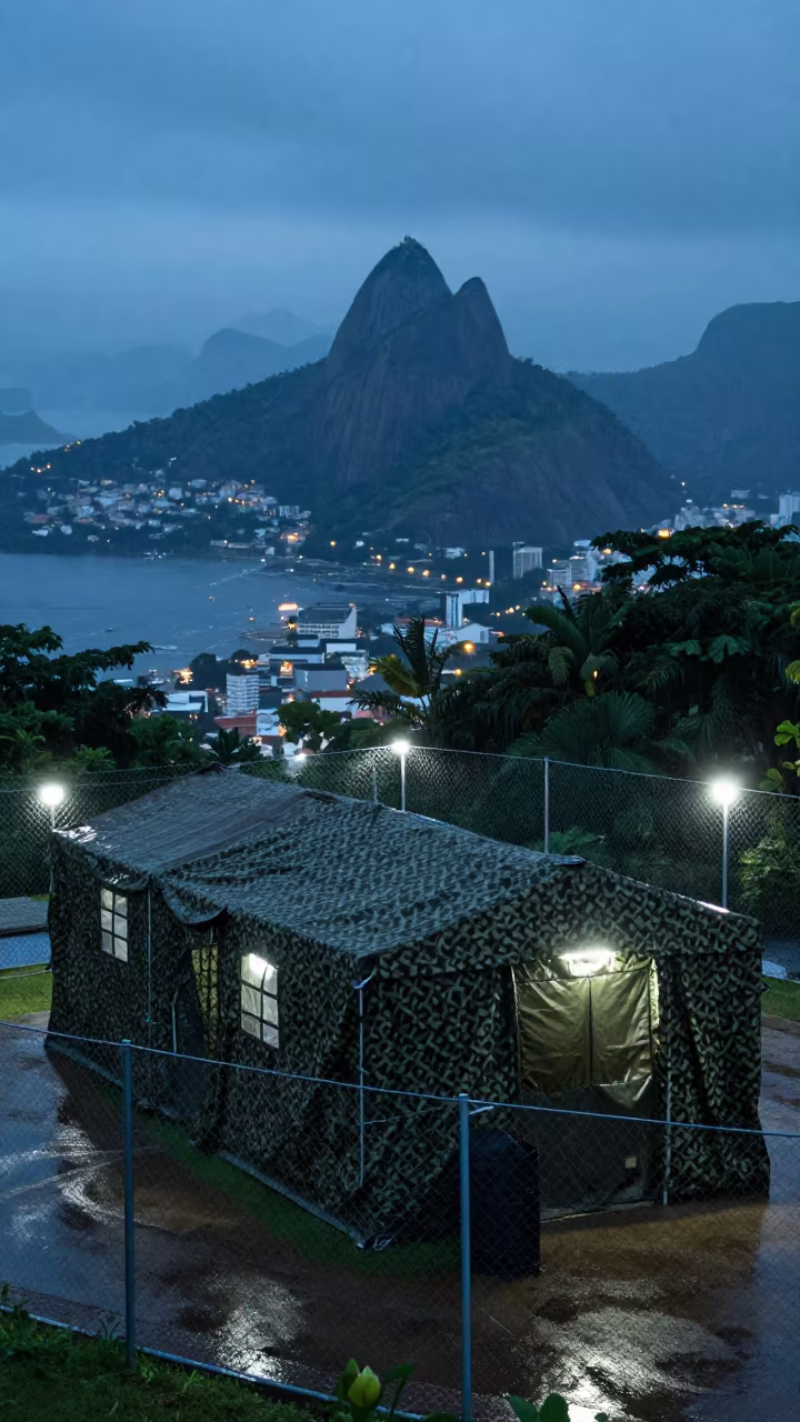 Field Hospital Tent at Twilight in Rio State in beneath a camouflage net shelter in Rio de Janeiro state