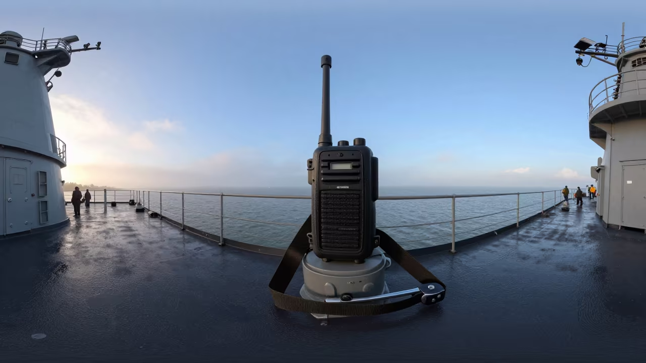 Field Radio Post Staging Straps on Naval Deck in on a naval deck in rough wind in Cabinda