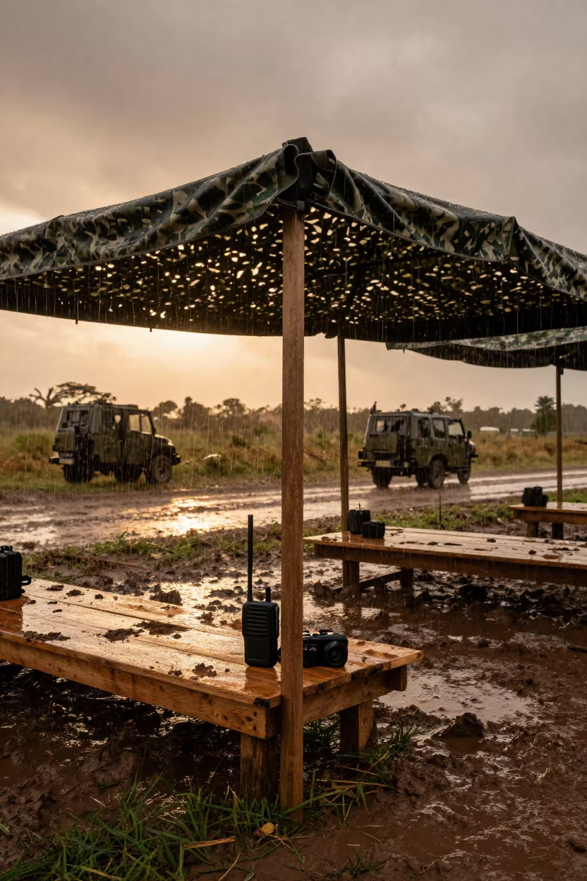 Field Radio Station in Rain Under Camouflage Net in beneath a camouflage net shelter in Equatorial Guinea