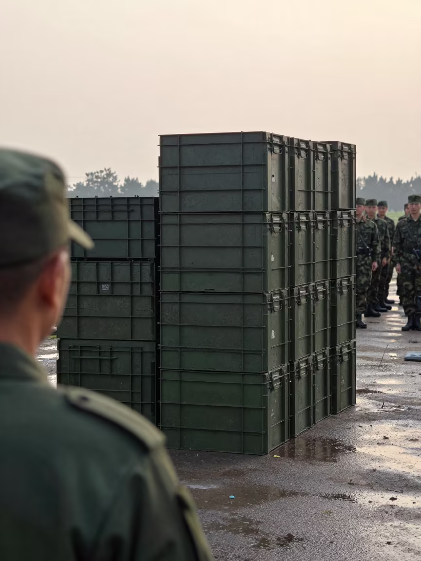 Field Ration Crate Stack at Anhui Dawn in beside a convoy halt on open ground in Anhui