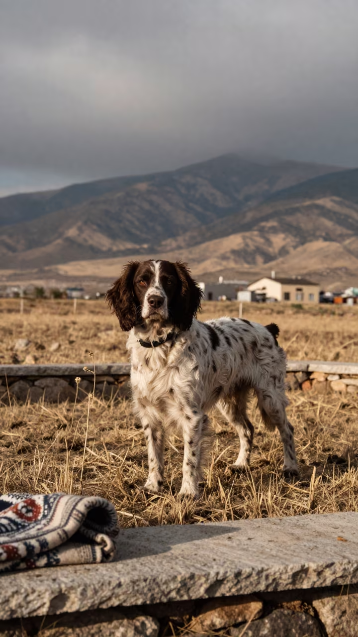 Field Spaniel in Autumn Eskişehir Yard in in a small yard with clipped grass, calm light, and the animal centered in frame in Eskişehir