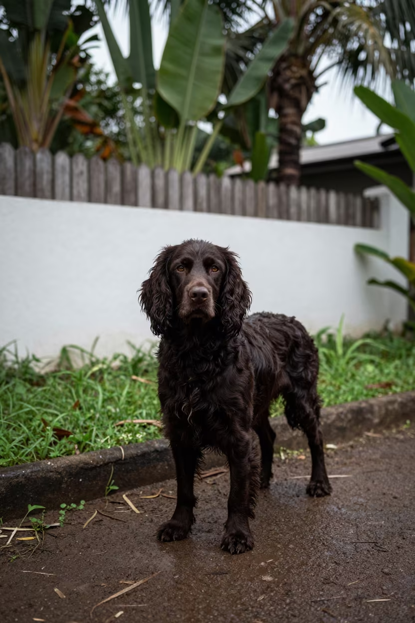 Field Spaniel in Boracay Garden Early Light in near a garden edge with soft morning light and an uncluttered background in Boracay