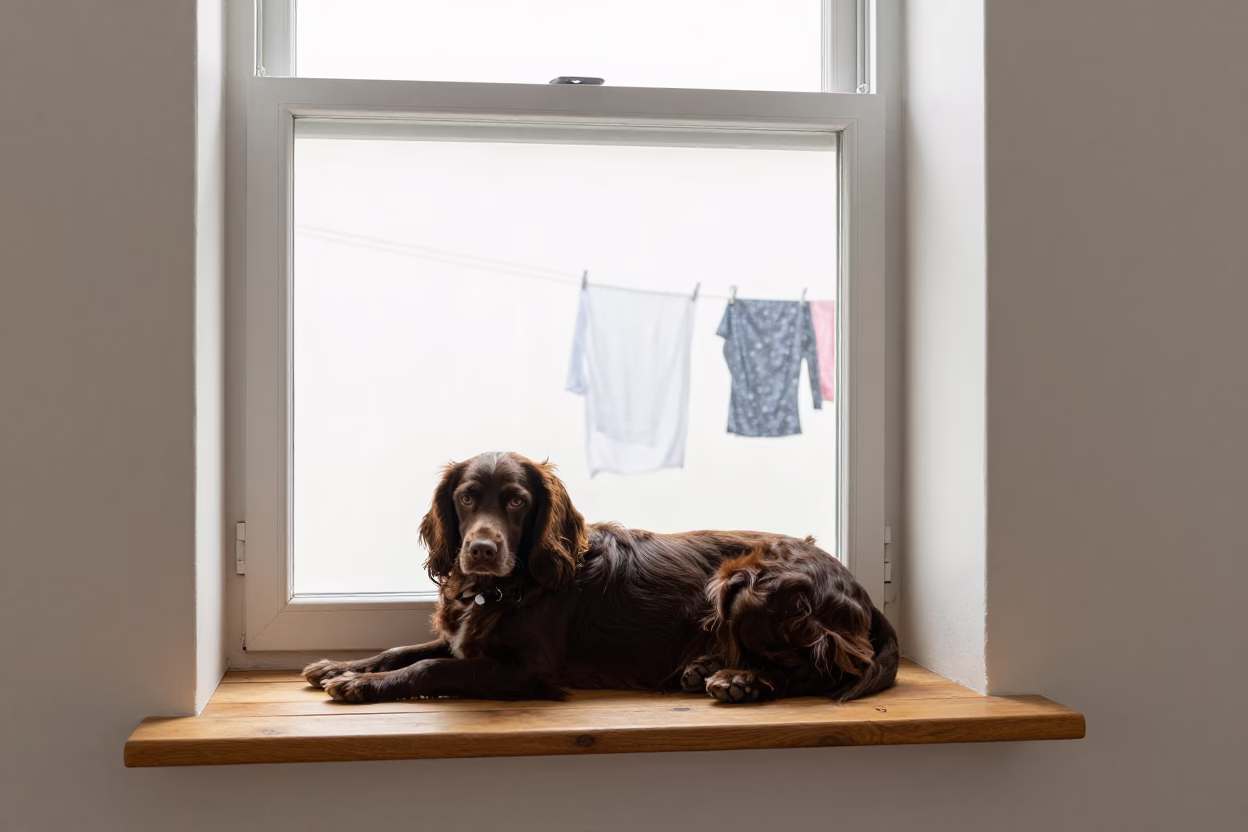 Field Spaniel on Multan Window Seat in on a window seat in a quiet apartment with soft side light in Multan