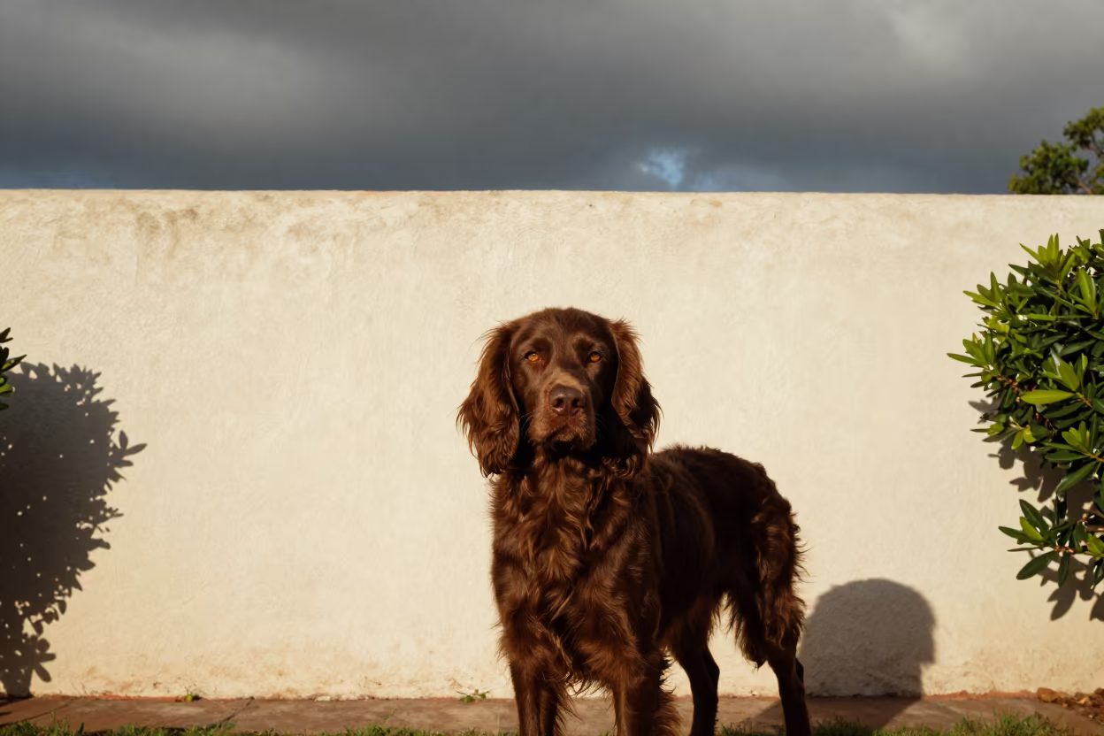Field Spaniel Portrait by Courtyard Wall in Campeche in beside a plain courtyard wall in clear daylight with the animal at eye level in Campeche