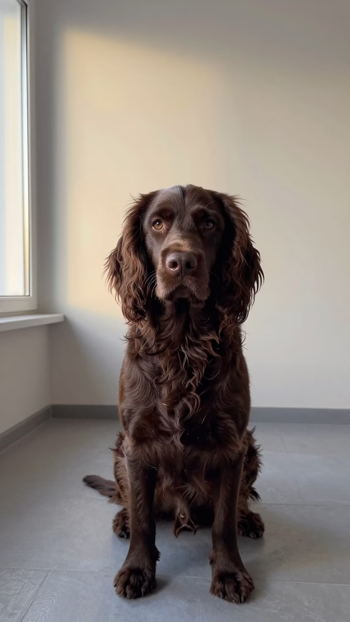 Field Spaniel Portrait in Astana Indoor Light in beside a plain plaster wall in soft indoor light with the animal centered in frame in Astana