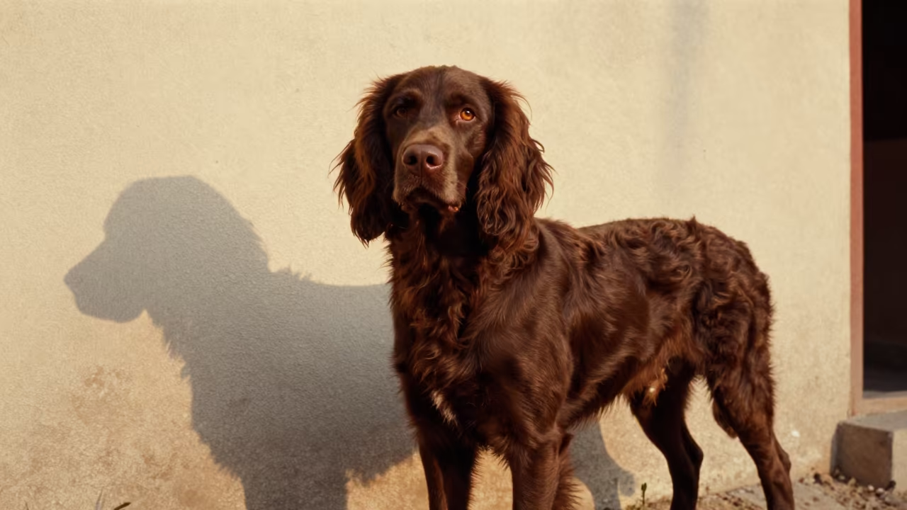 Field Spaniel Portrait in Courtyard in beside a plain courtyard wall in clear daylight with the animal at eye level near Sheikhupura