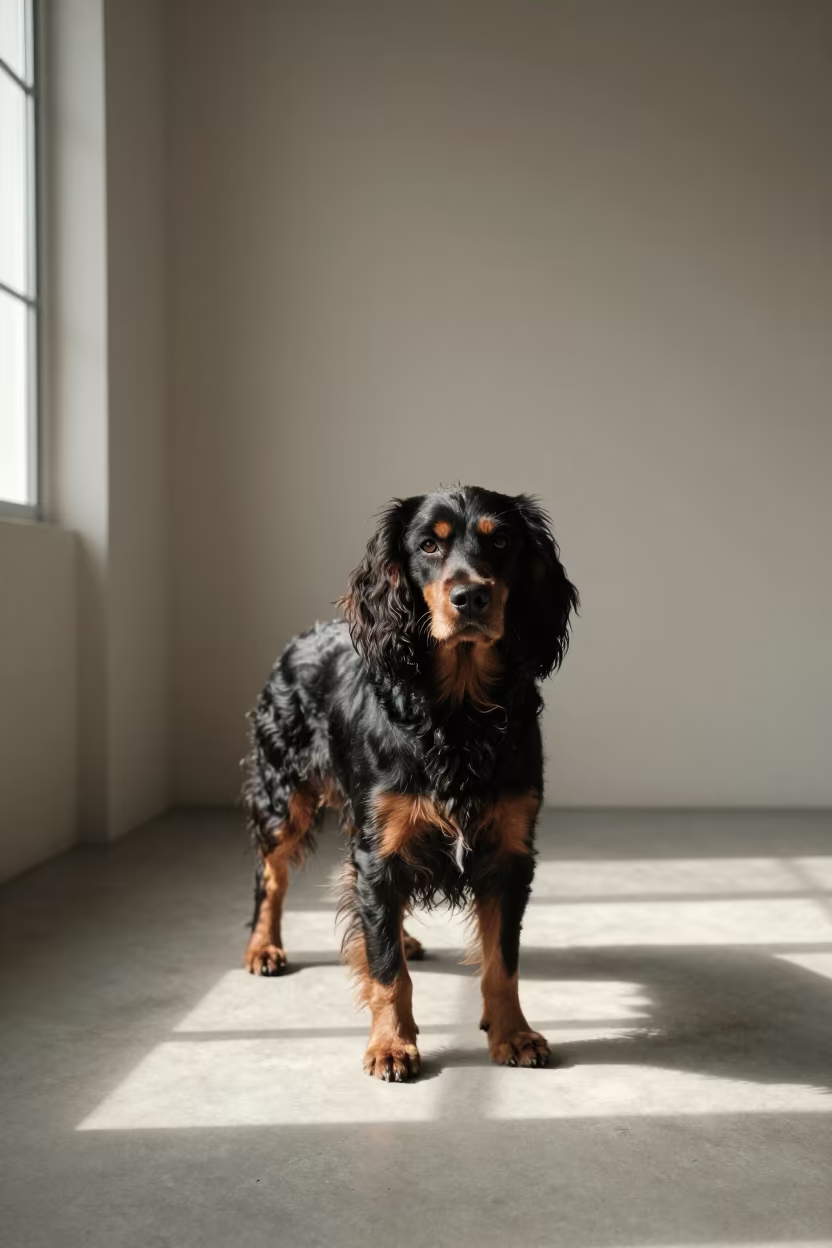 Field Spaniel Portrait in Quiet Studio Nagoya in in a quiet portrait studio with a plain backdrop and eye-level framing near Nagoya