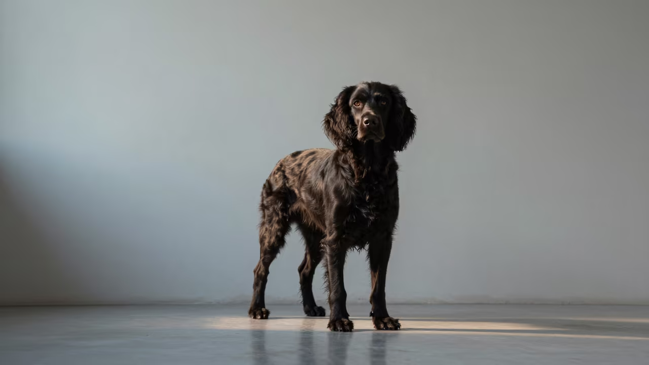 Field Spaniel Portrait in Soft Dawn Light Lobito in beside a plain plaster wall in soft indoor light with the animal centered in frame in Lobito