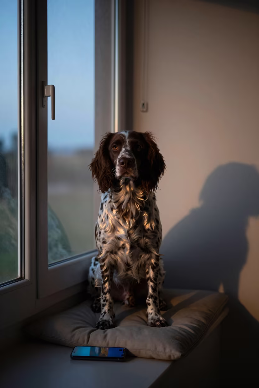 Field Spaniel Portrait on Window Seat Twilight in on a cushioned window seat with soft side light and an uncluttered background near Mutare