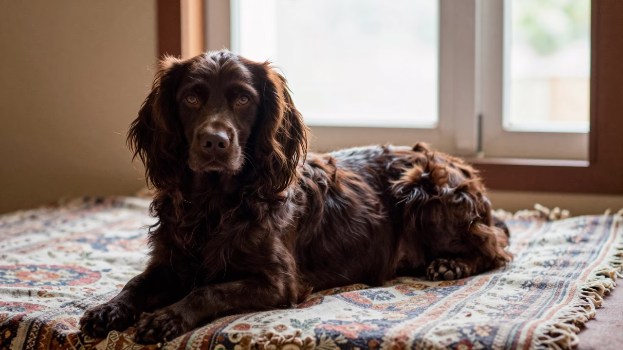 Field Spaniel Resting on Bedspread Near Window in on a bedspread near a bright window with calm indoor light in Sancti Spíritus