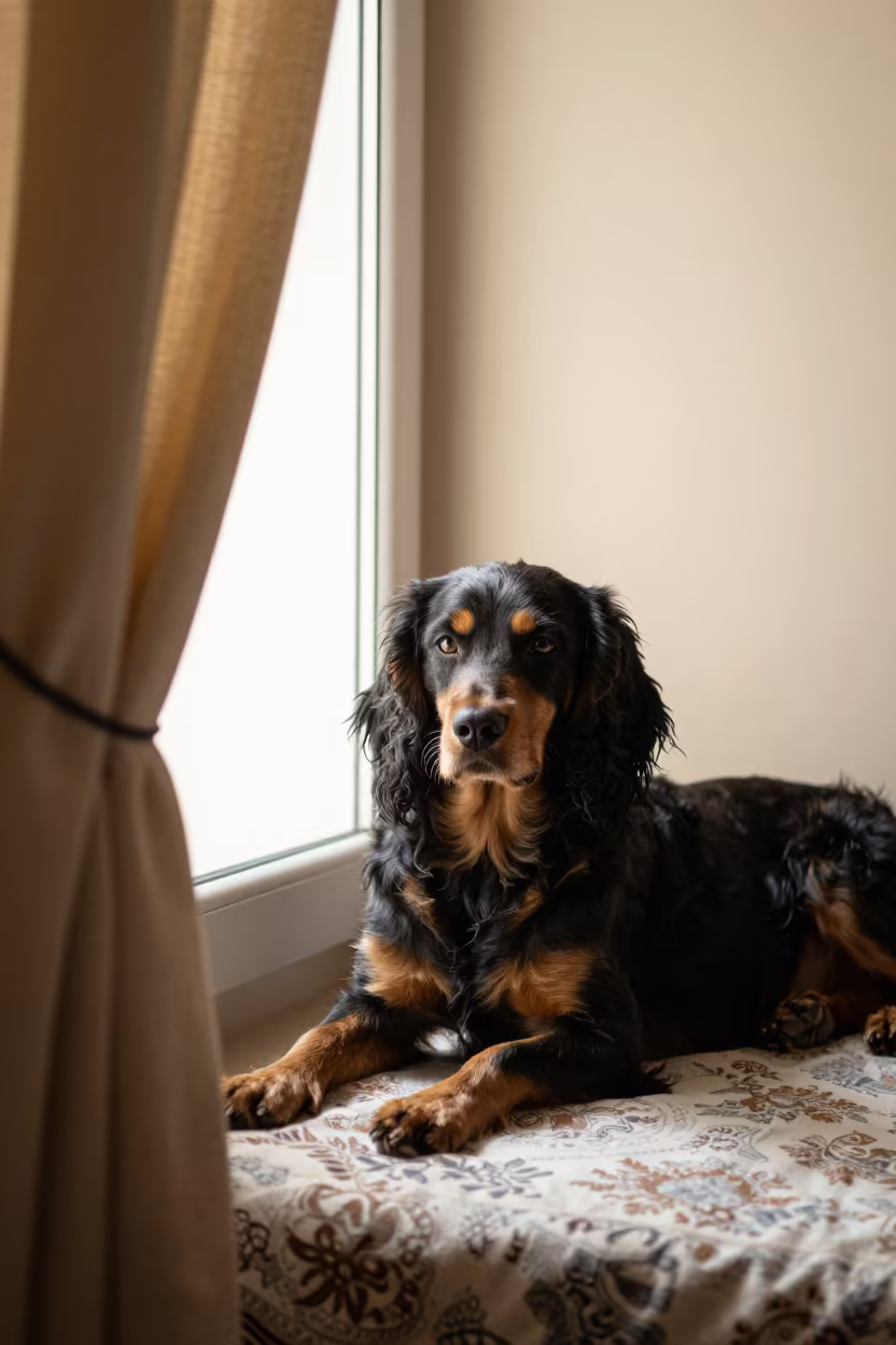 Field Spaniel Resting on Diyarbakir Bedspread in on a bedspread near a bright window with calm indoor light in Diyarbakir