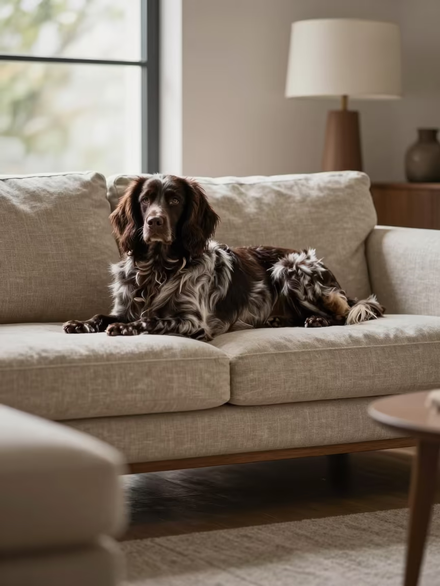 Field Spaniel Resting on Linen Sofa in Ajman Home in on a linen sofa with daylight from a nearby window in Ajman