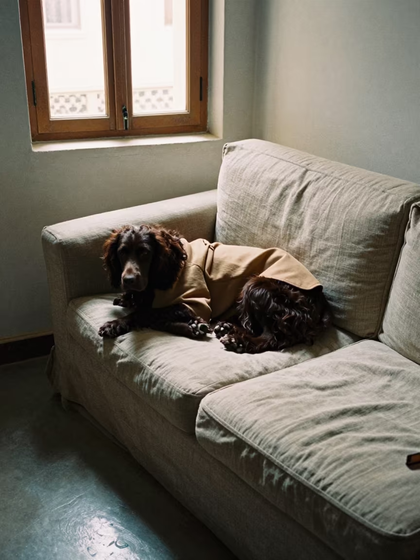 Field Spaniel Resting on Linen Sofa in Baghdad Home in on a linen sofa with daylight from a nearby window in Baghdad