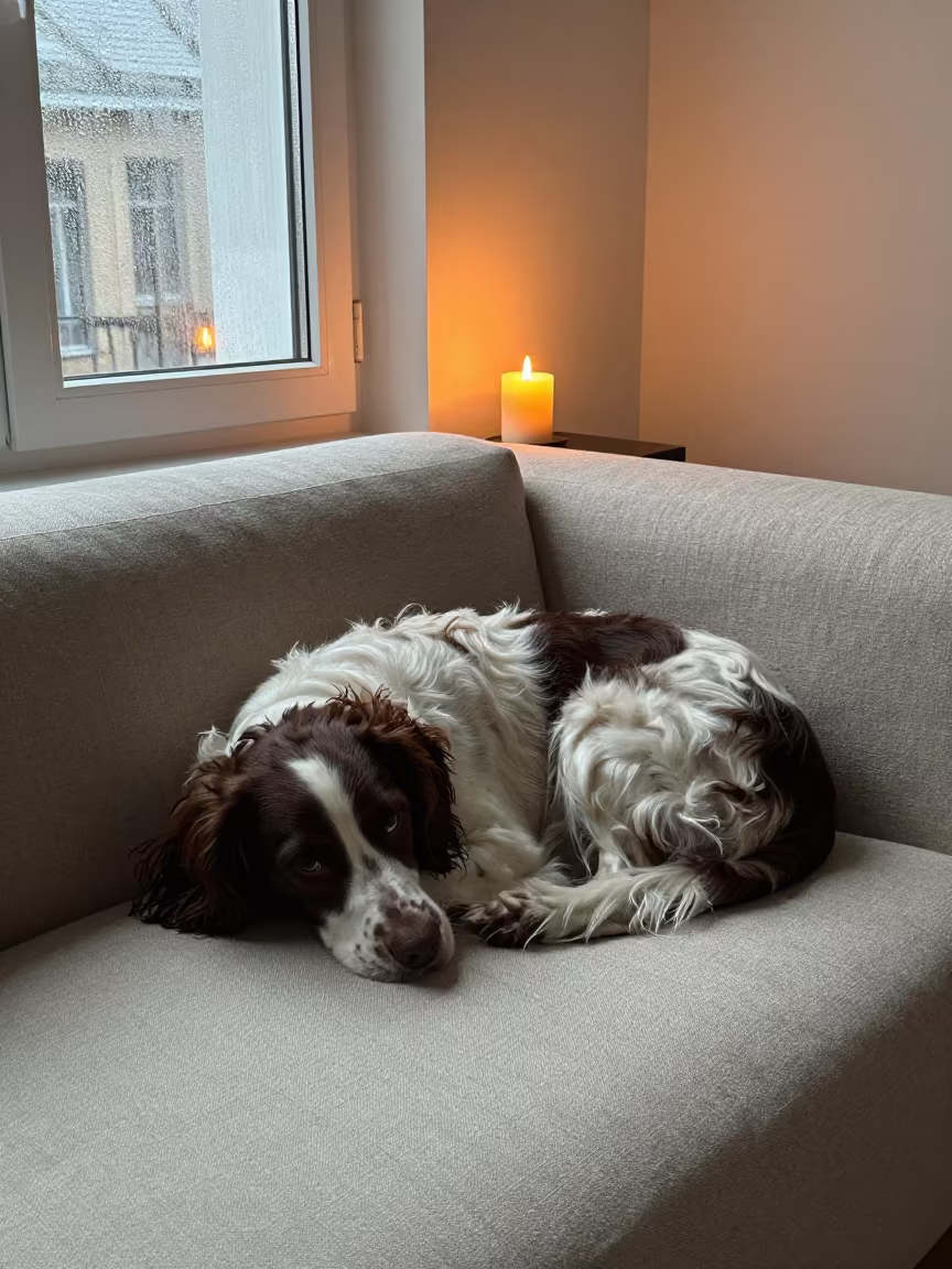 Field Spaniel Resting on Linen Sofa in Bratislava in on a linen sofa with daylight from a nearby window in Bratislava
