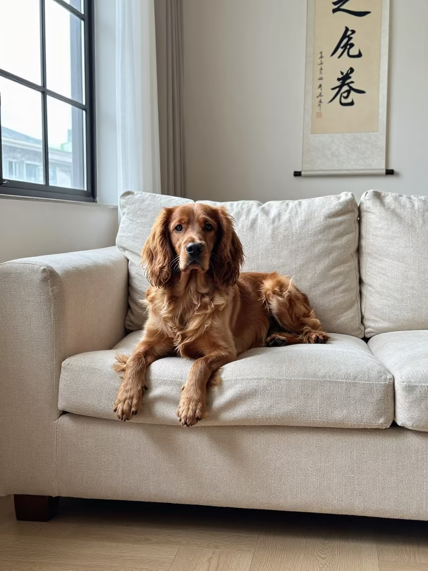 Field Spaniel Resting on Linen Sofa in Chengdu Home in on a linen sofa with daylight from a nearby window near Chengdu