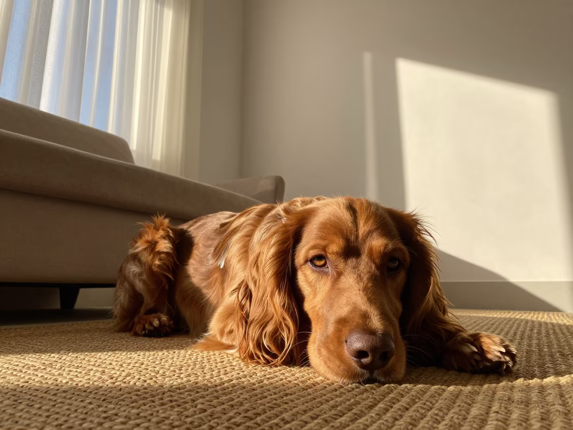 Field Spaniel Resting on Rug in Ajman Late Afternoon in on a woven rug beside a low couch and an uncluttered wall in Ajman