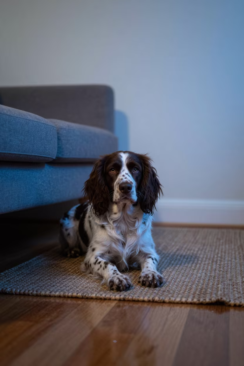 Field Spaniel Resting on Rug in Sunderland Home Twilight in on a woven rug beside a low couch and an uncluttered wall near Sunderland
