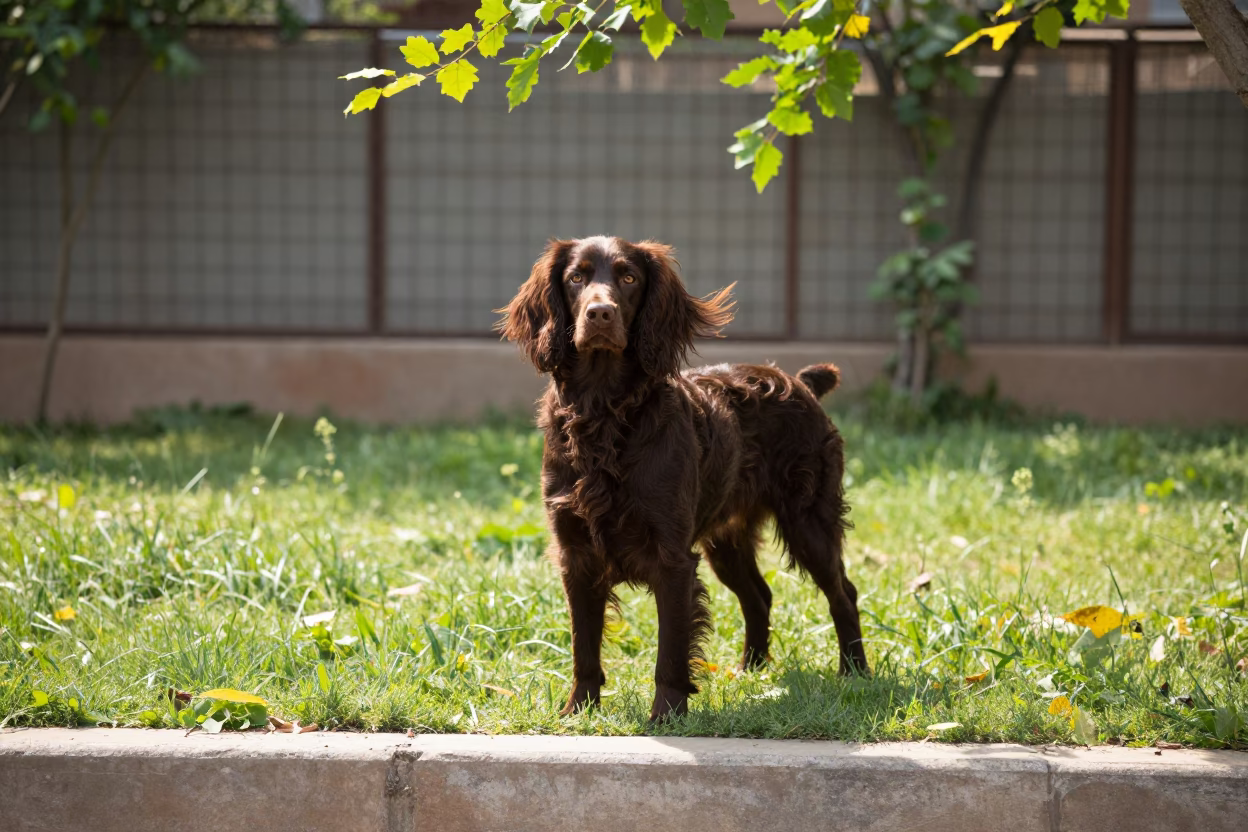 Field Spaniel Standing in Late Summer Kanpur Yard in in a small yard with clipped grass, calm light, and the animal centered in frame near Kanpur