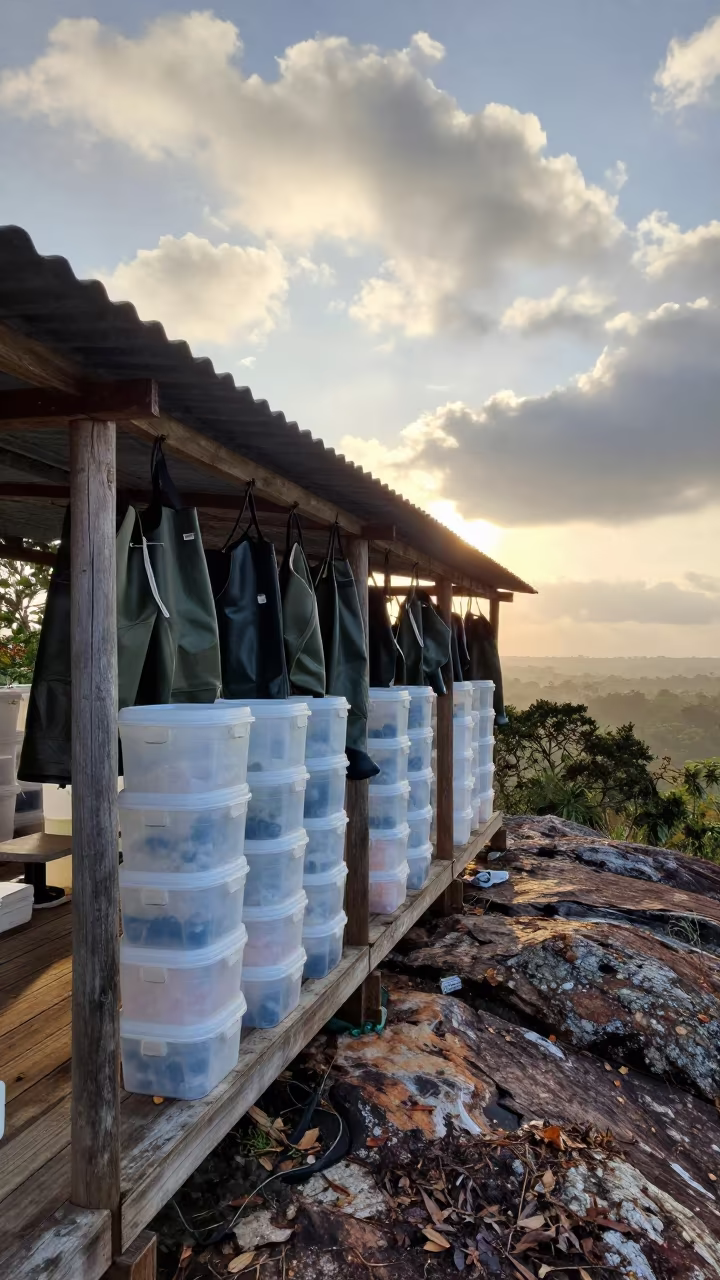 Field Station Drying Room with Specimen Buckets and Waders in along a rocky geology outcrop in Suriname
