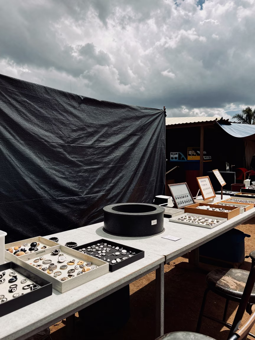 Field Station Fire Ring Bazaar Counter in at a jewelry counter inside a covered bazaar in Maseru