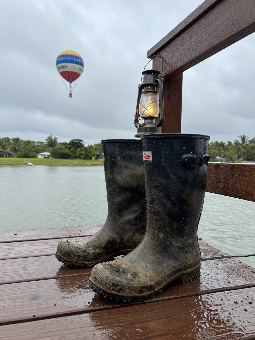 Field Station Lamp Over Muddy Boots in Jamaica in near a weather balloon launch site in Jamaica