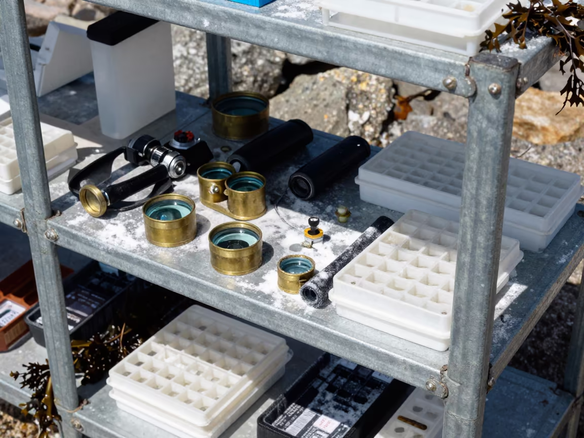 Field Station Shelf With Hand Lenses And Sample Tubes in on a wind-scoured research platform near Bristol
