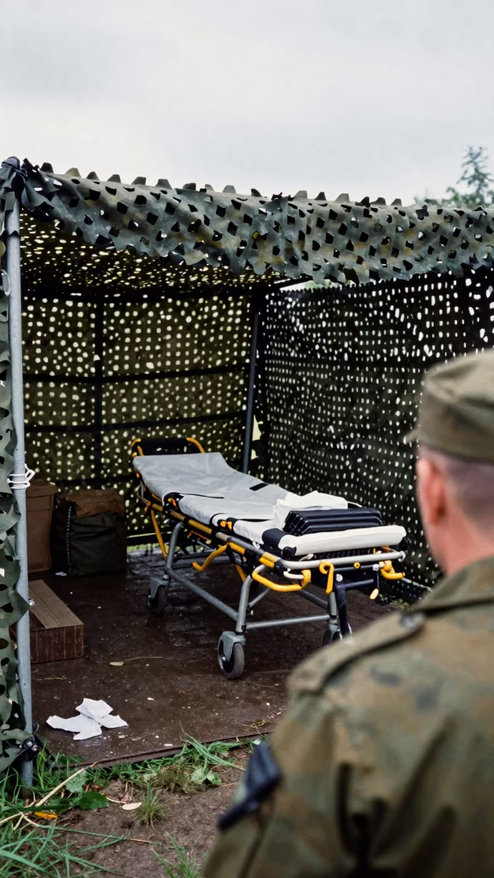 Field Stretcher Bay Moldova Midsummer in beneath a camouflage net shelter in Moldova