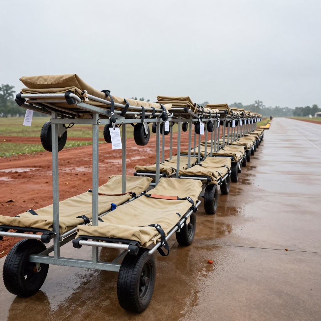 Field Stretcher Storage Bay Rainy Airbase in along an airbase flight line in Gambia