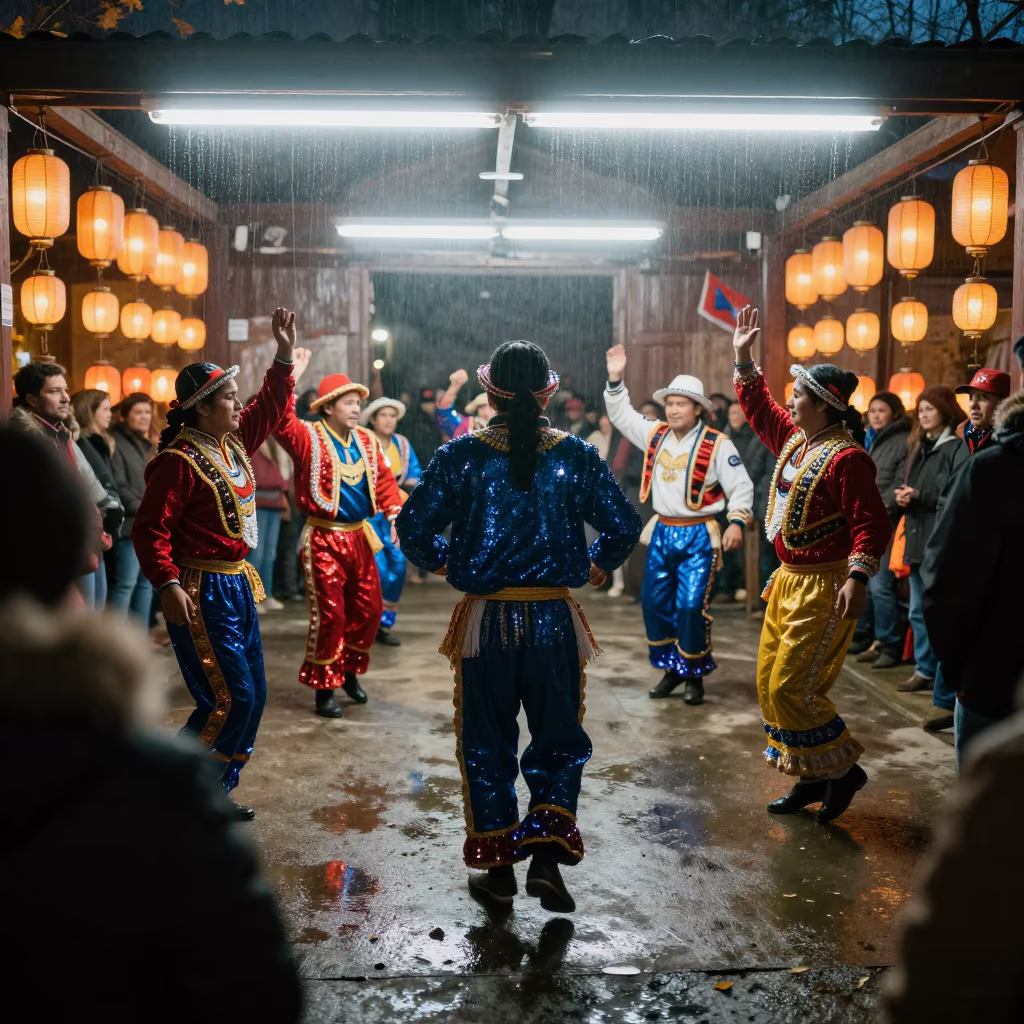Fiesta de la Tirana Dancers in Łódź Shrine in in a shrine lined with lanterns in Łódź