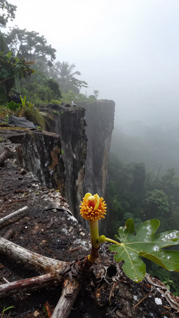Fig Branch Stamen Mist on Borneo Cliff Edge in along a salt-sprayed cliff edge in Borneo
