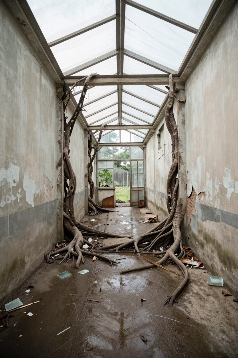 Fig Roots Split Decaying Greenhouse Assela in inside a collapsed lobby under broken plaster near Assela