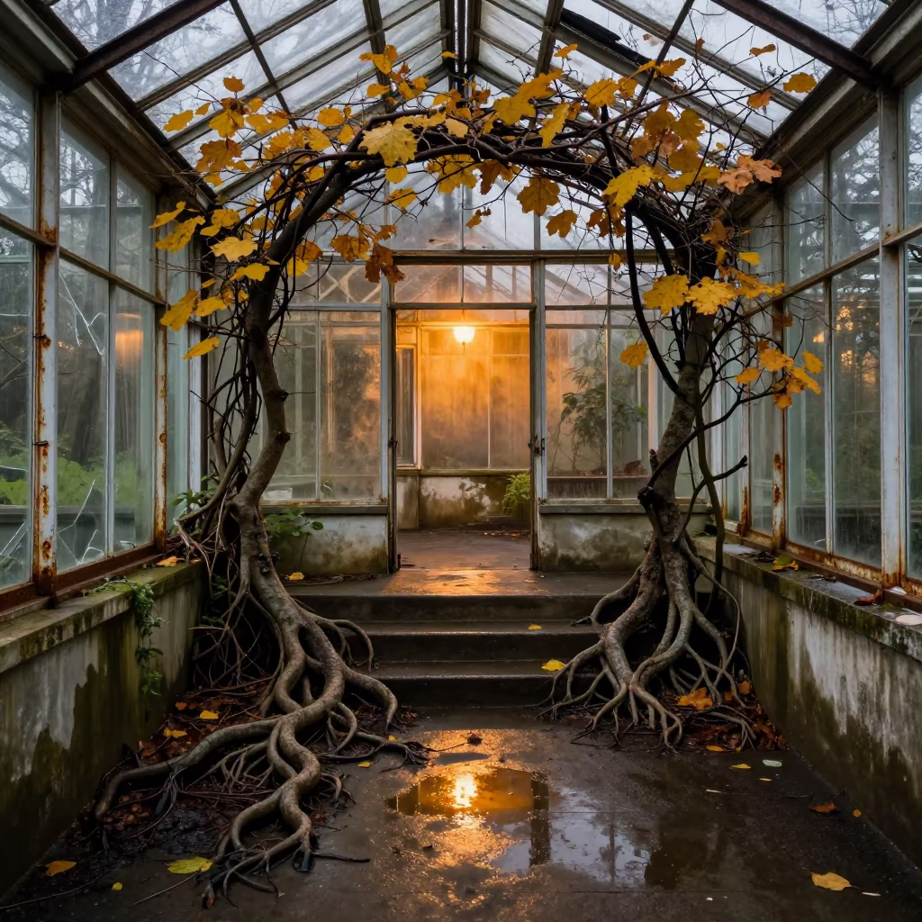 Fig Roots Split Decaying Greenhouse Hall in inside a stair hall open to the weather in Oregon