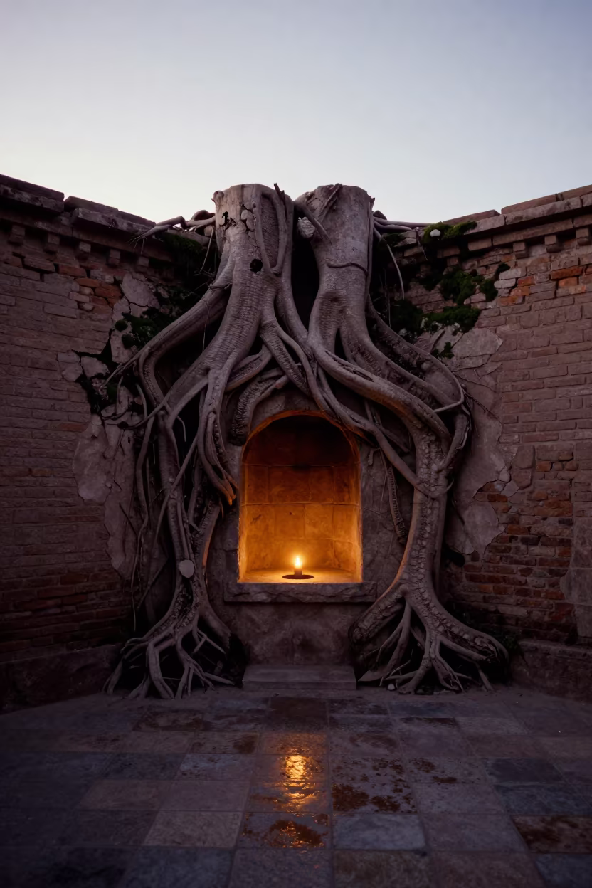 Fig Roots Split Decaying Hammam in Dawn in inside a roofless hammam in Bolivia