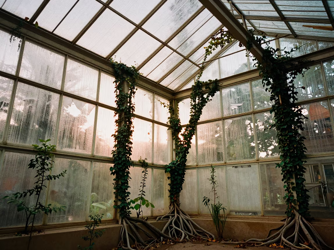 Fig Roots Split Ruined Tucson Greenhouse Nave in inside a roofless nave in Tucson