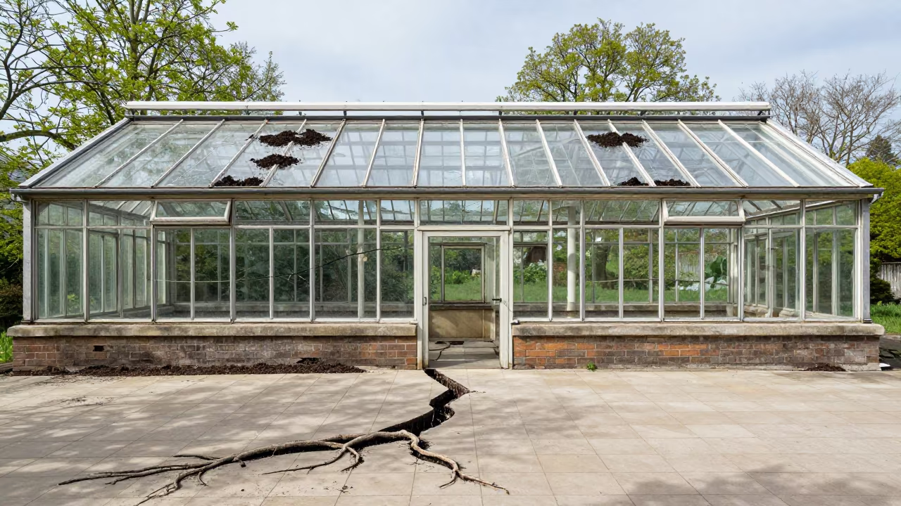 Fig Roots Splitting Ruined Greenhouse Nave in in a derelict ward with shattered glass underfoot in England