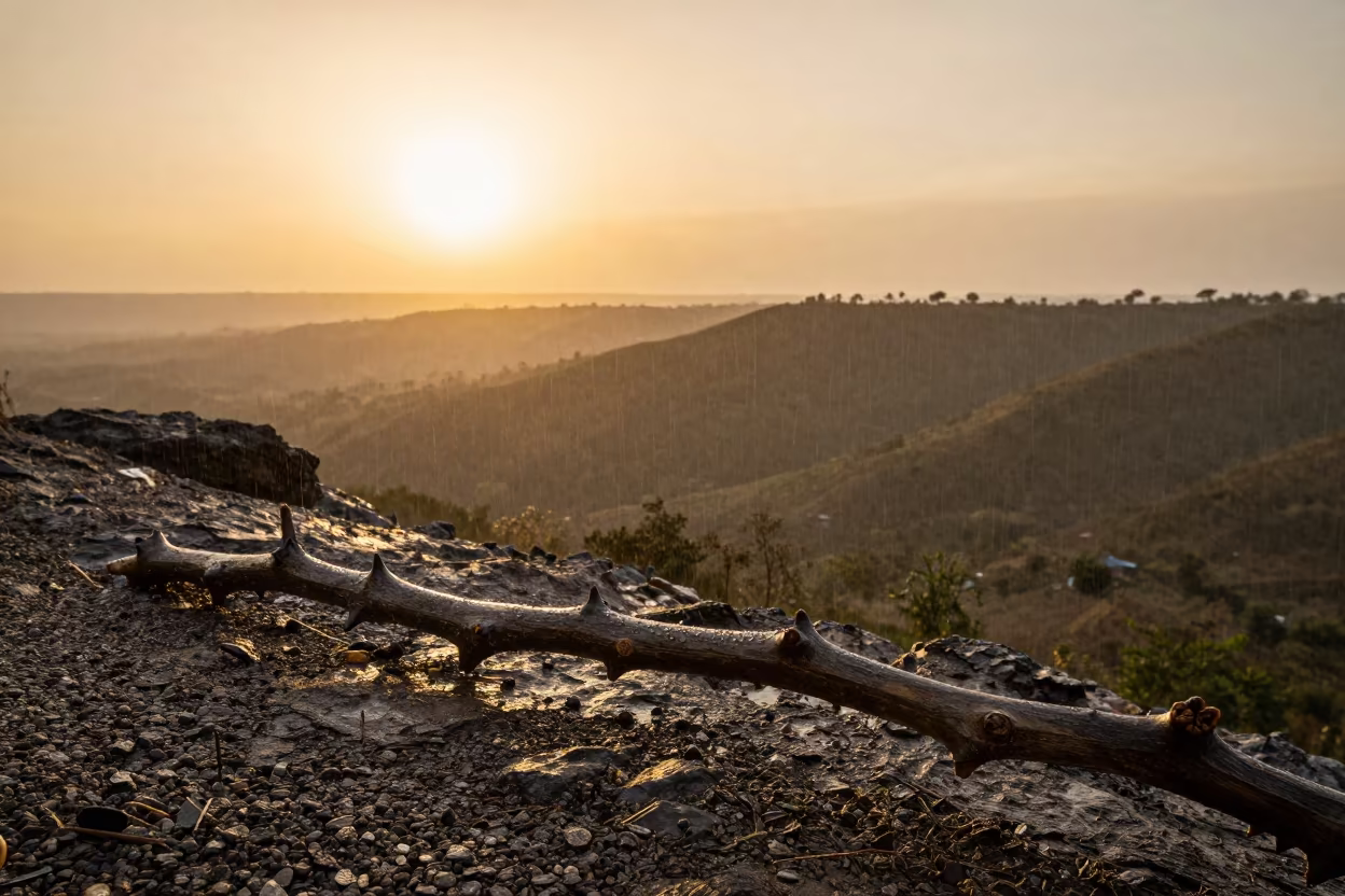 Fig Thorn Stem Edge Lit by Golden Rain in Angola in on a rocky slope in Angola