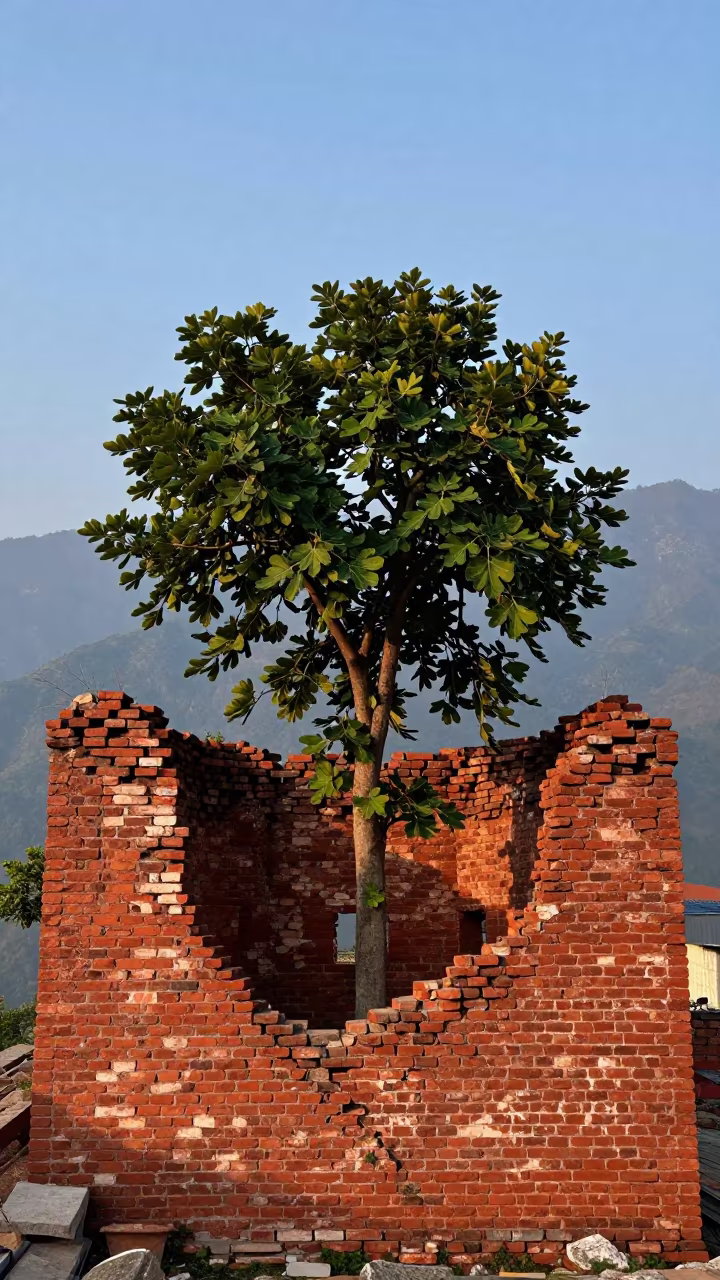 Fig Tree in Crumbling Brick Hammam Ruin in inside a roofless hammam in the Himalayas