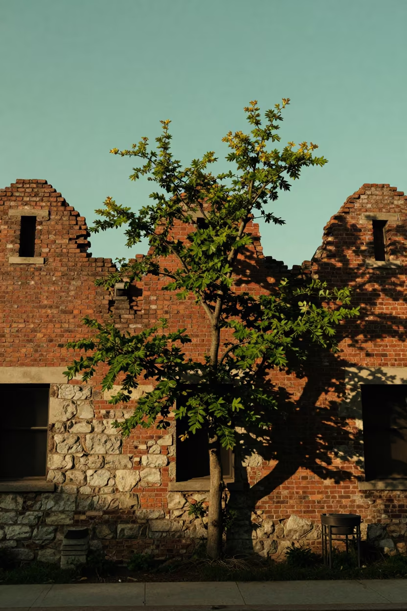 Fig Tree in Crumbling Brick Wall Under Green Sky in among roofless stone chambers in New York