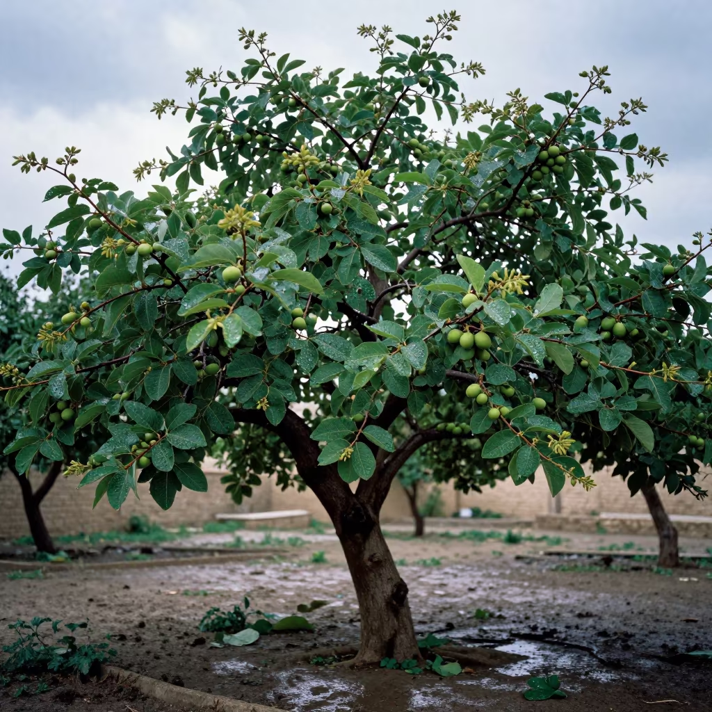 Fig Tree With Green Fruit After Rain Near Tabriz in near Tabriz
