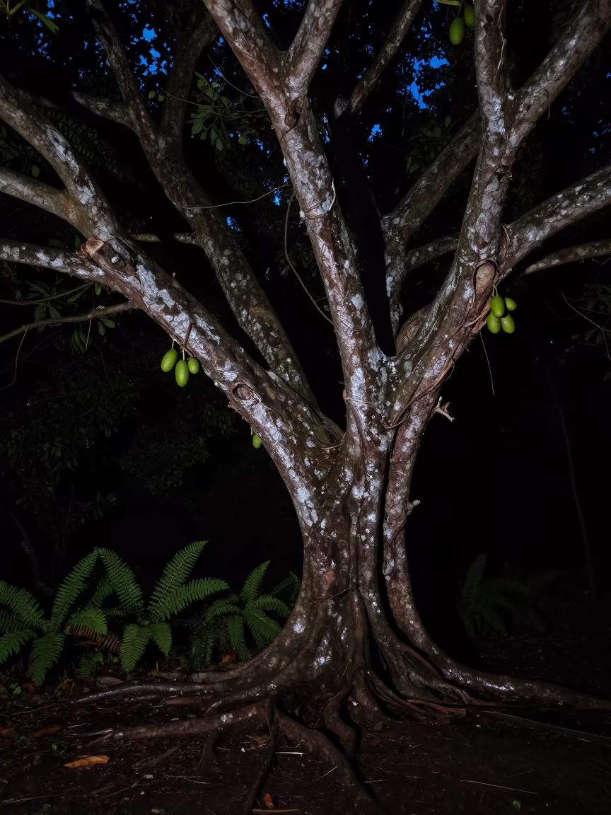 Fig Tree With Green Fruit In Predawn Forest in on a fern-lined forest floor near Phuket