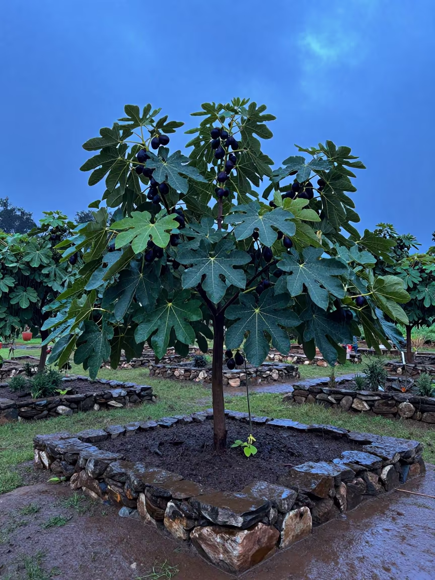 Fig Tree Heavy Fruit Colombia Terraced Garden in among terraced garden plots in Colombia