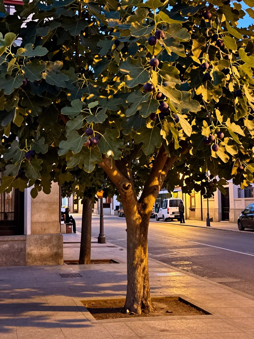 Fig Tree Heavy Fruit Honeyed Evening Light Madrid Spain Street Scene in in Madrid, Spain