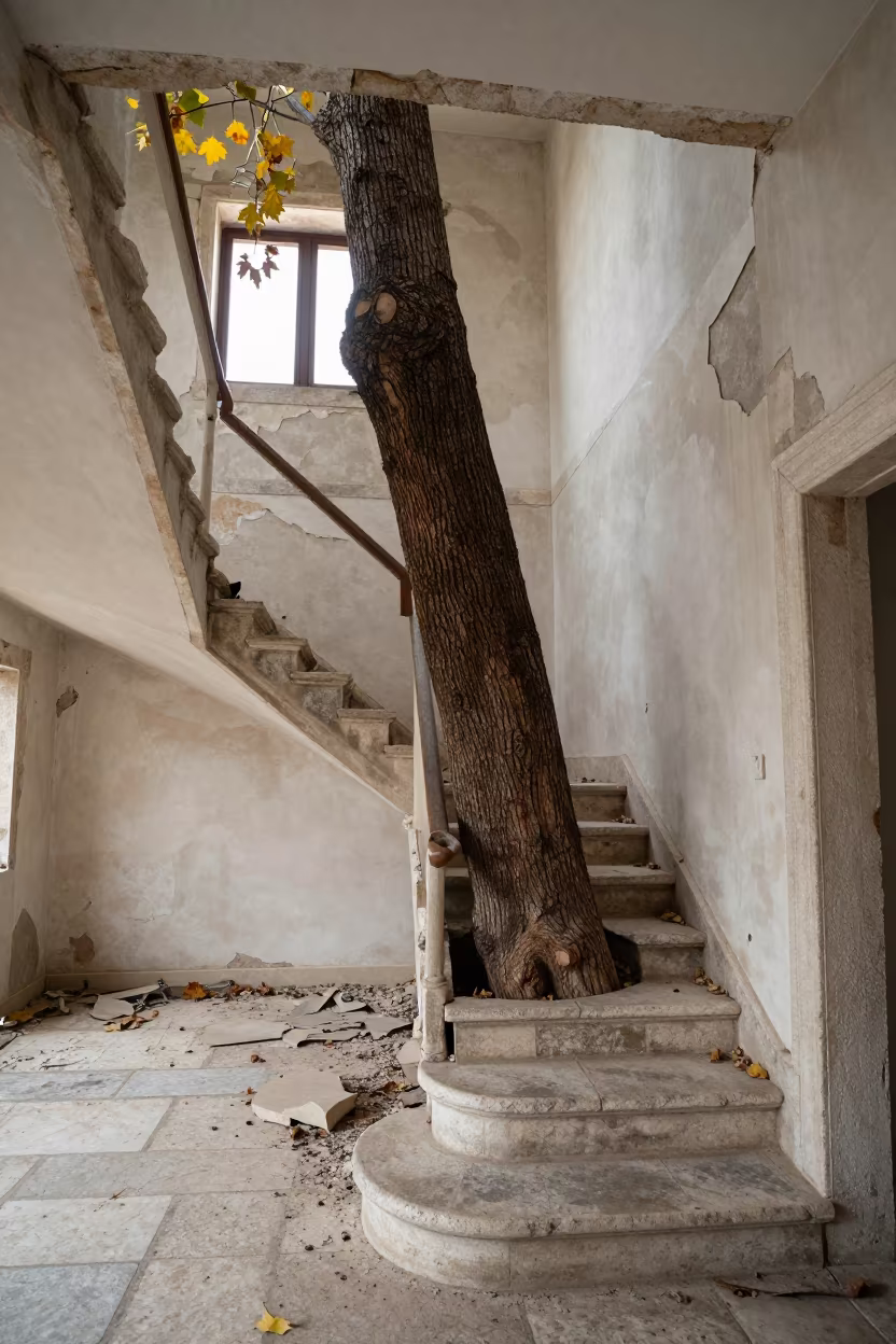Fig Tree Through Ruined Staircase Montenegro in inside a collapsed lobby under broken plaster in Montenegro