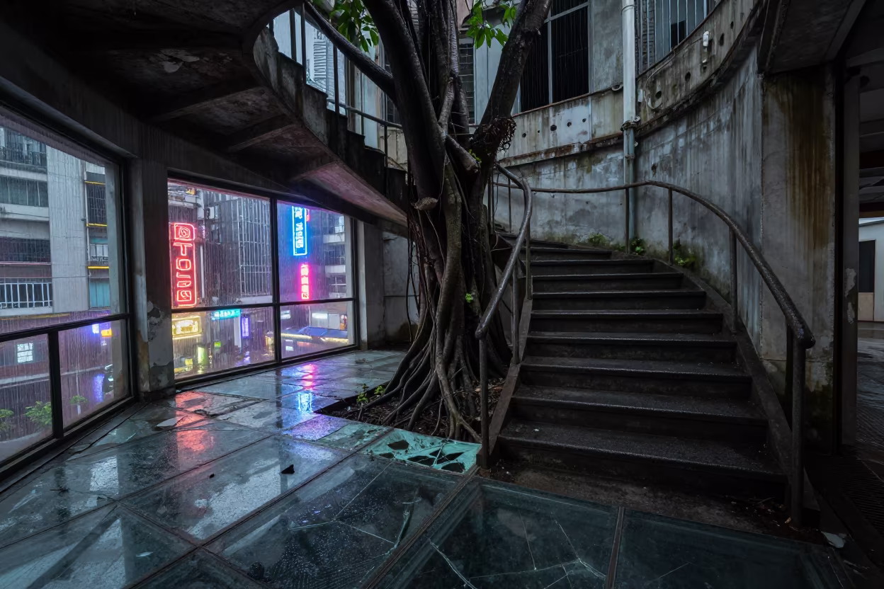 Fig Tree Through Ruin Staircase Torun Neon in in a derelict ward with shattered glass underfoot near Torun