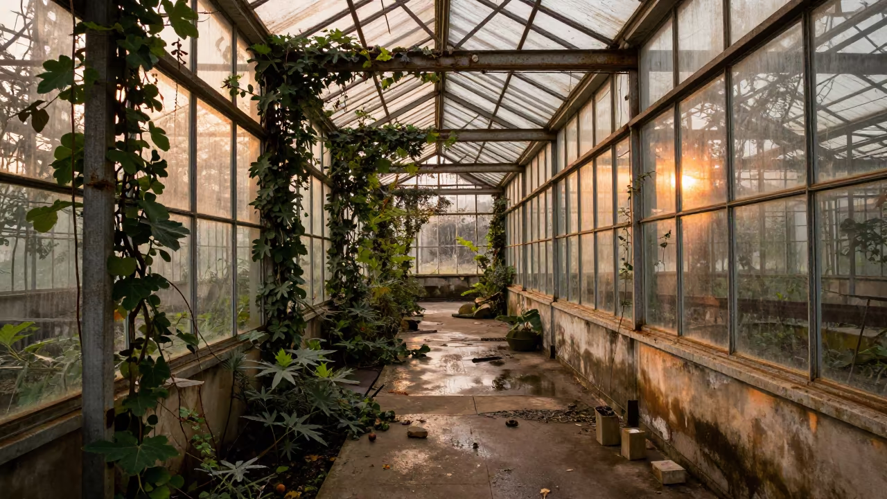Fig Vines Inside Chengdu Greenhouse Ruin in inside a humid greenhouse aisle in Chengdu