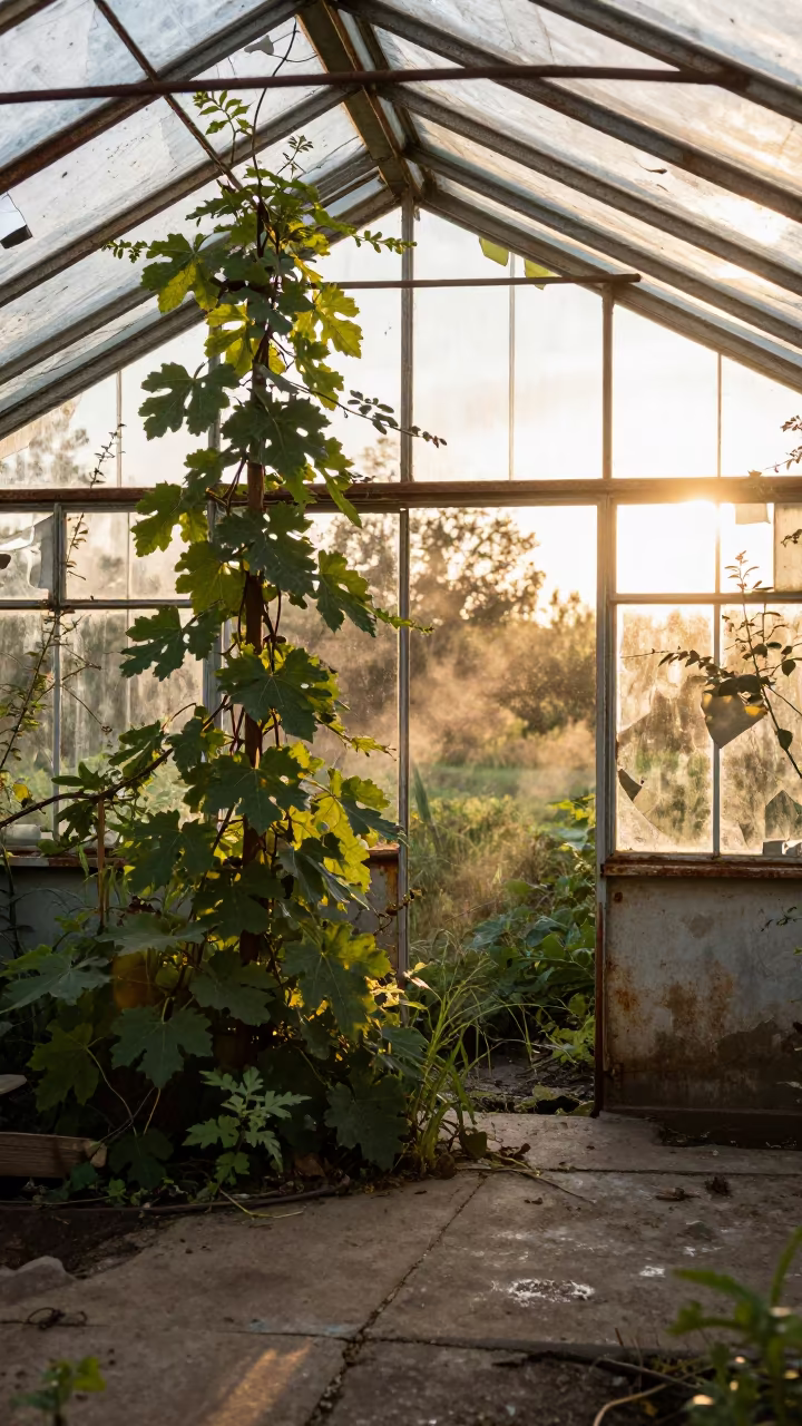 Fig Vines and Nettles in Derelict Greenhouse in inside a humid greenhouse aisle near Carrefour