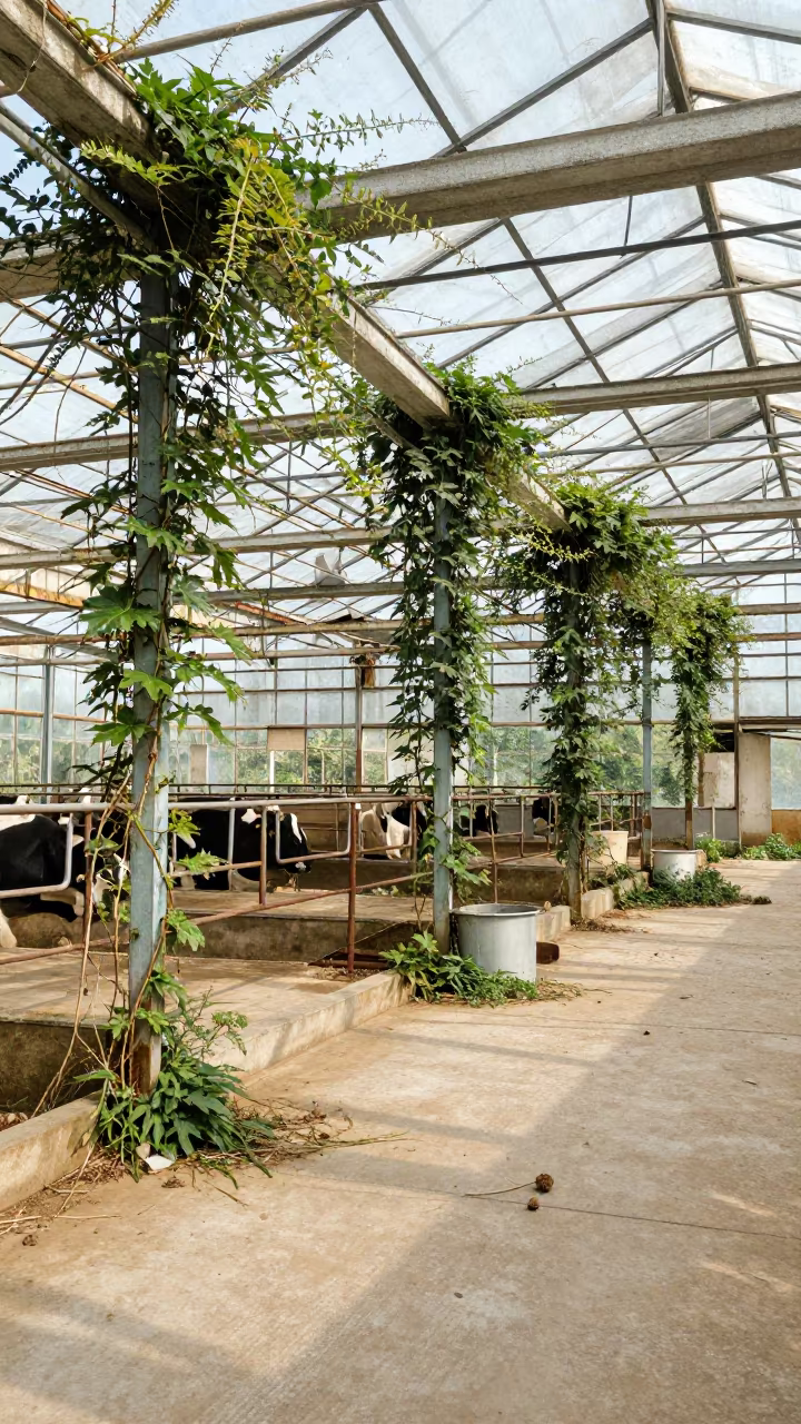 Fig Vines and Nettles in Fujian Dairy Parlor in in a dairy milking parlor in Fujian