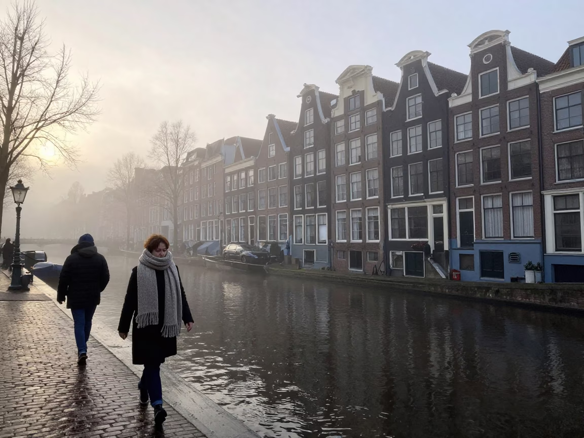Figure in Amsterdam at Dawn Light in in Amsterdam, Netherlands