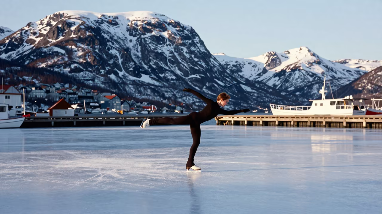 Figure Skater Spinning on Arctic Harbor Ice in at a harbor quay near Oslo